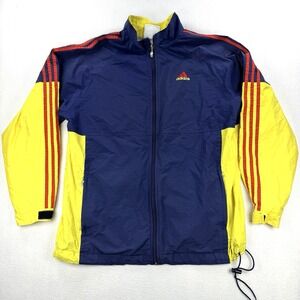 Mens Vintage Adidas Windbreaker Track Jacket Navy Blue Yellow Full Zip Sz Large